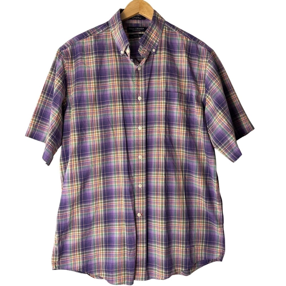 Daniel Cremieux Shirt Mens L Purple Plaid Italian Fabric Button Short Sleeve